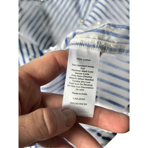 Talbots EMBELLISHED SHORT SHIRT Blouse size S White Blue DAFFODIL STRIPE Button - Picture 8 of 9